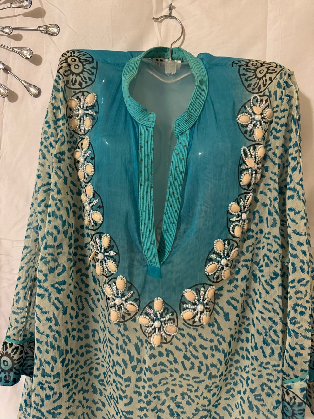 Turquoise Hand Beaded Women's Swim Coverup Size 2X - Picture 2 of 9